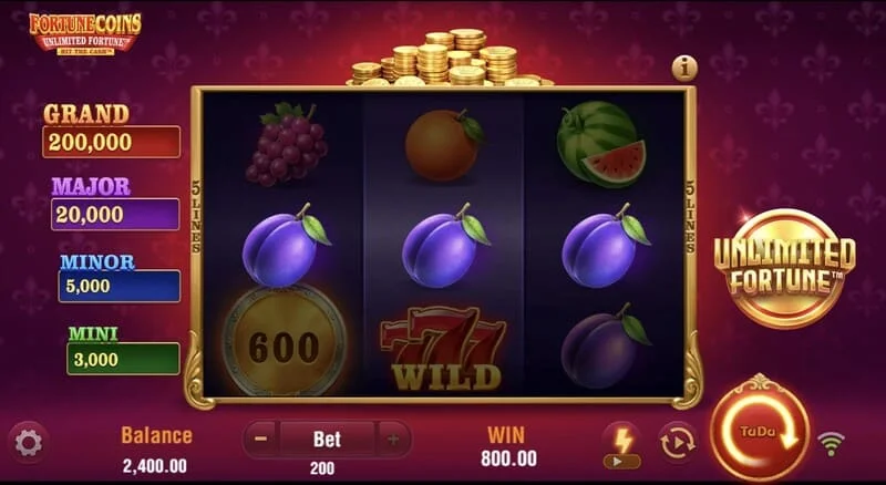 Fortune Coins Unlimited Fortune – põhiline 3x3 ruudustik puuviljasümbolitega